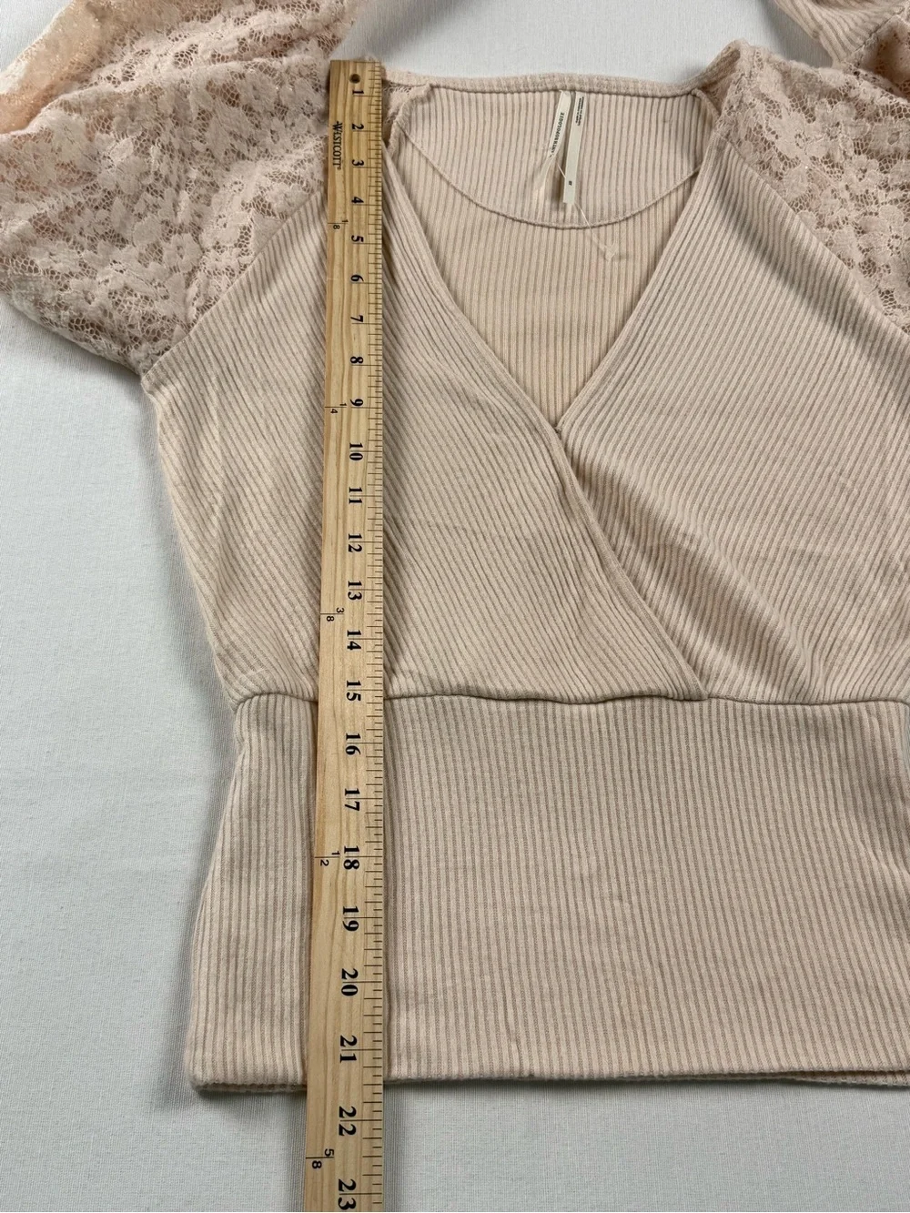 Anthropologie Lace-Sleeve Ribbed Wrap Top - Cream